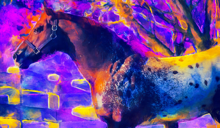 Appaloosa horse - colorful painting in violet and yellow Digital Art by Nicko Prints