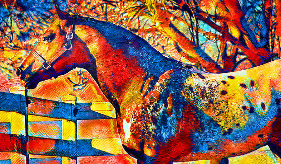 Appaloosa horse sitting near a tree and fence - colorful painting in blue, red and yellow Digital Art by Nicko Prints