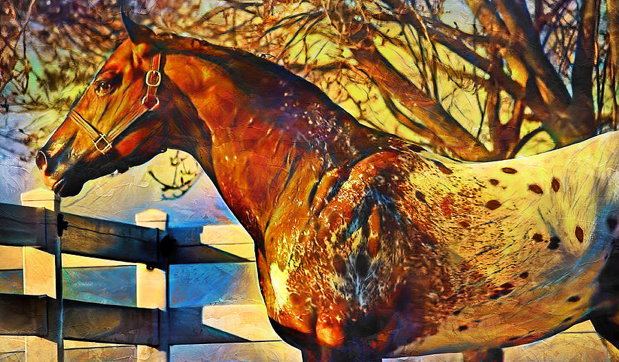 Appaloosa horse sitting near a tree and fence - digital painting Digital Art by Nicko Prints