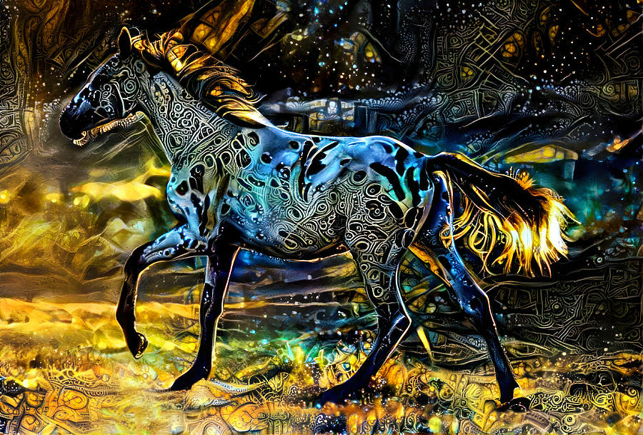 Appaloosa horse walking - golden night design Digital Art by Nicko Prints