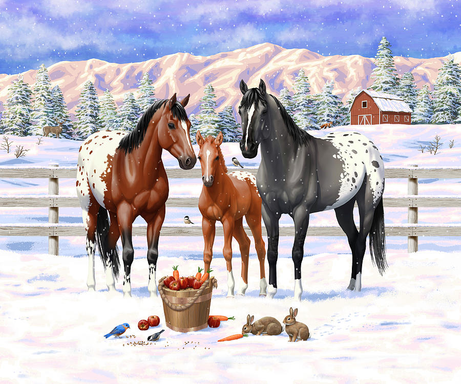 Horse Painting - Appaloosa Horses In Winter Ranch Corral by Crista Forest
