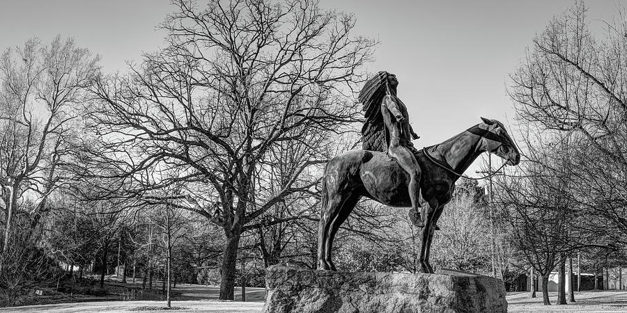 Appeal To The Great Spirit Native American Statue in Woodward Park - Black and White Panorama Photograph by Gregory Ballos