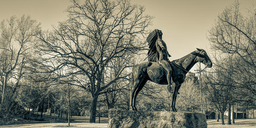 Appeal To The Great Spirit Native American Statue in Woodward Park - Sepia Panorama Photograph by Gregory Ballos