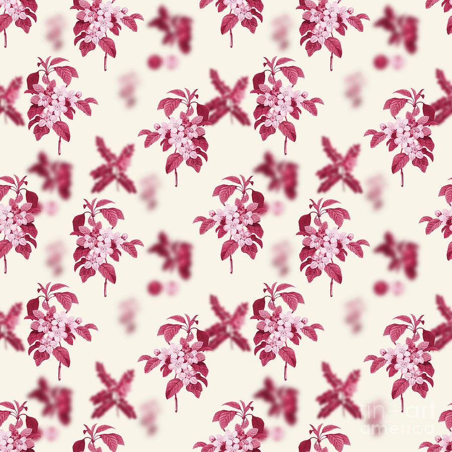Vintage Mixed Media -  Apple Blossom Botanical Seamless Pattern in Viva Magenta n.0483 by Holy Rock Design