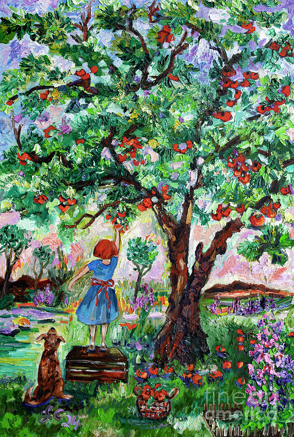 Apple Tree Green Impressionistic Garden Girl and Dog  Painting by Ginette Callaway