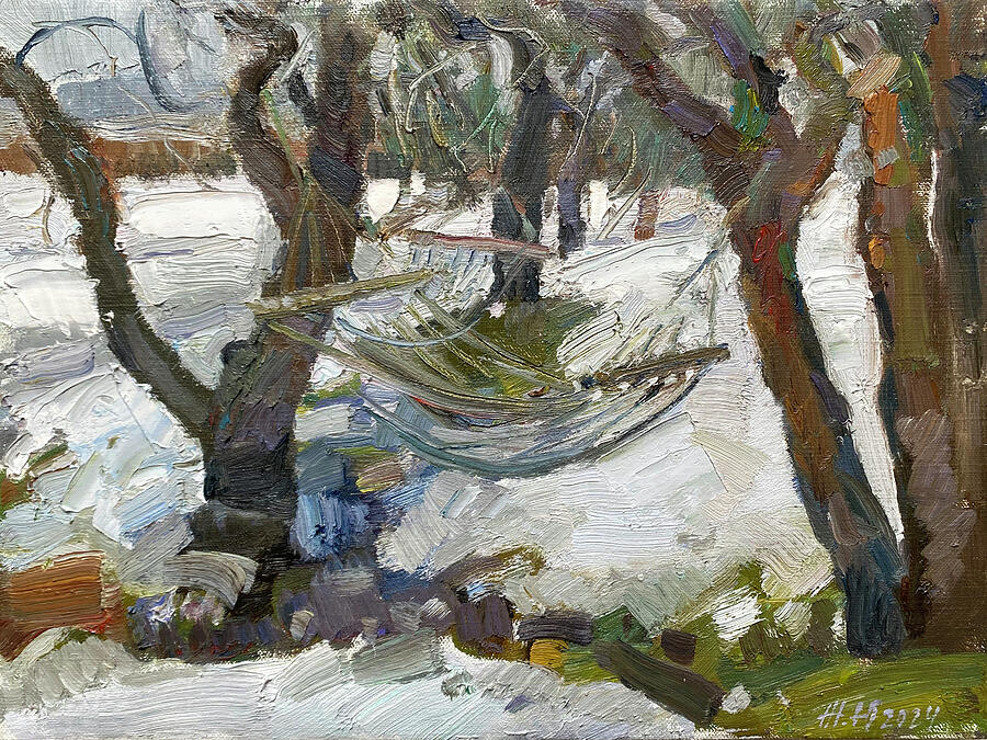 Winter Painting - Apple trees in the winter garden by Juliya Zhukova