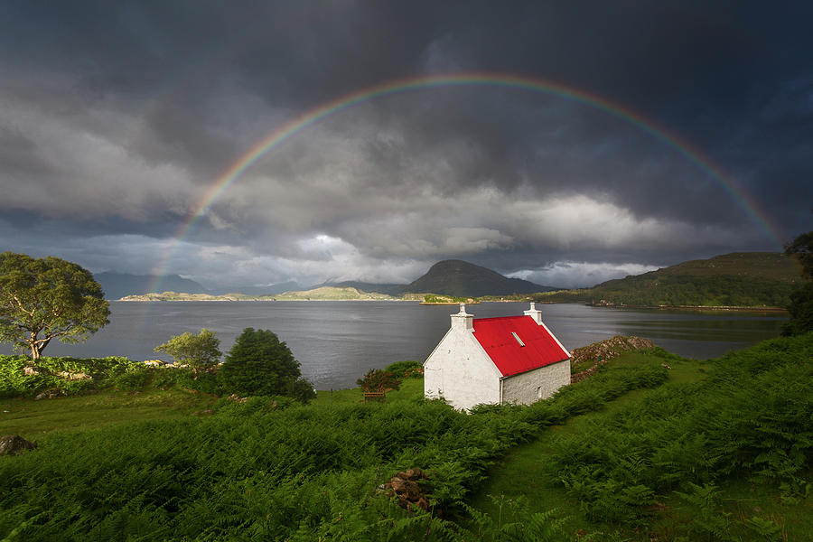 Cottage Photograph - Applecross Red Roofed Cottage with Rainbow by Derek Beattie