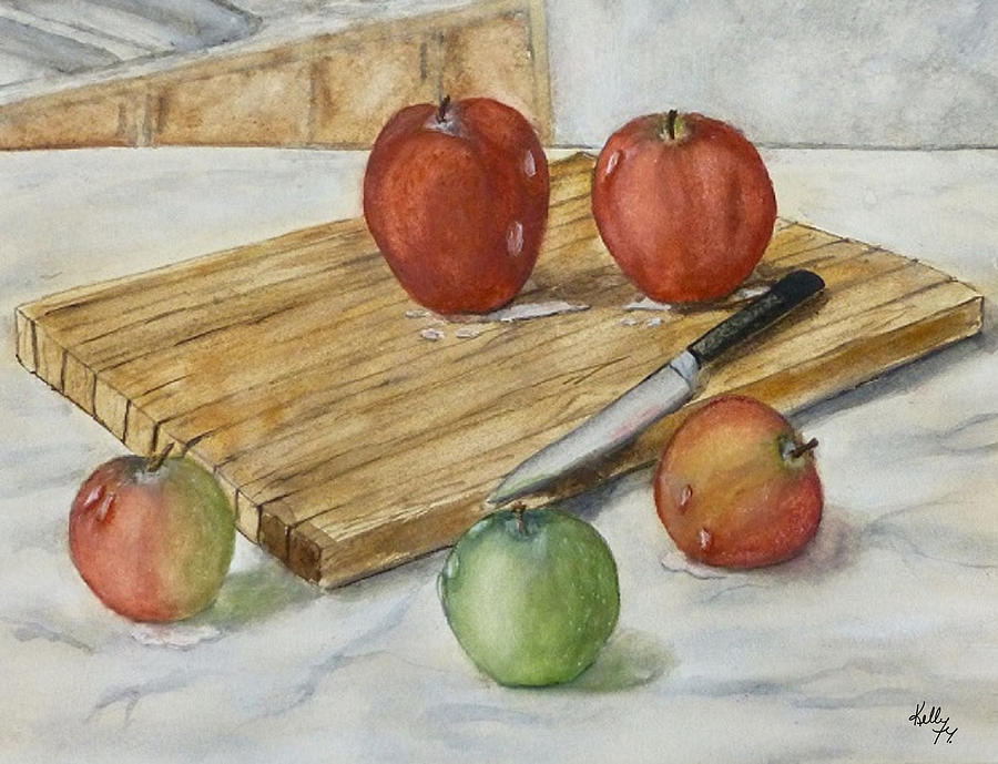 Apples and Cutting Board Painting by Kelly Mills