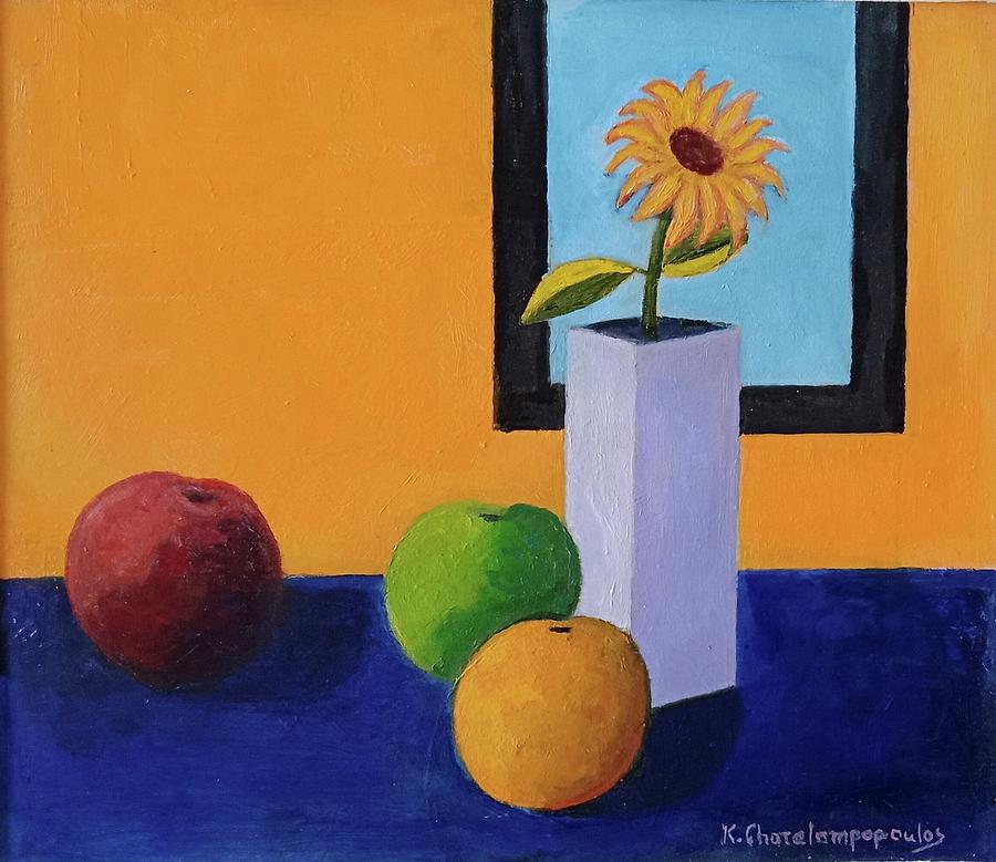 Apples Orange And Flower Painting by Konstantinos Charalampopoulos