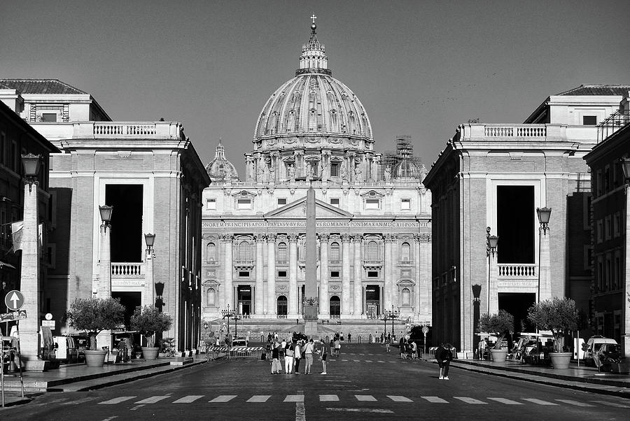 Approaching Vatican Citys St. Peters Square and Basilica Black and White Photograph by Shawn OBrien