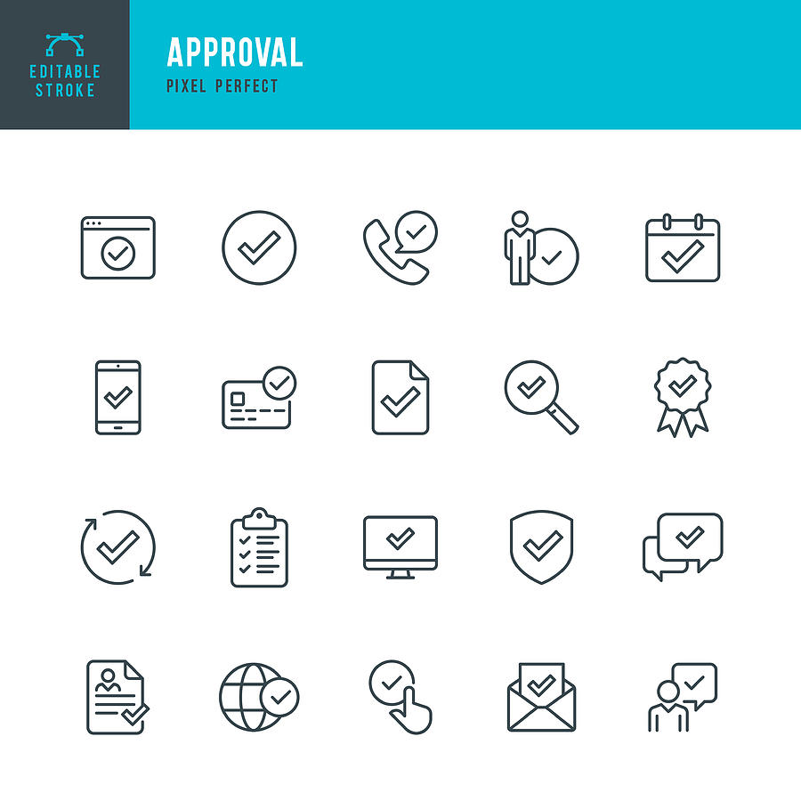 Approval - thin line vector icon set. Pixel perfect. Editable stroke. The set contains icons Approval sign, Agreement update, Protected, Check Mark. Drawing by Fonikum