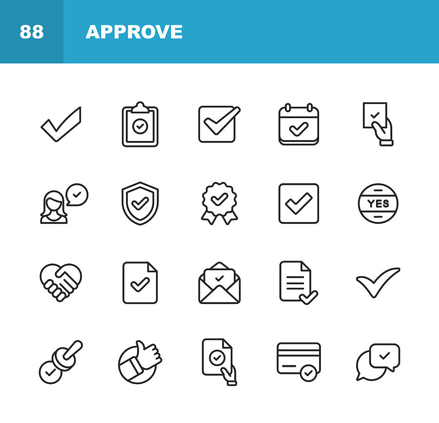 Approve Icons. Editable Stroke. Pixel Perfect. For Mobile and Web. Contains such icons as Approve, Agreement, Quality Control, Certificate, Check Mark, Achievement, Guarantee. Drawing by Rambo182
