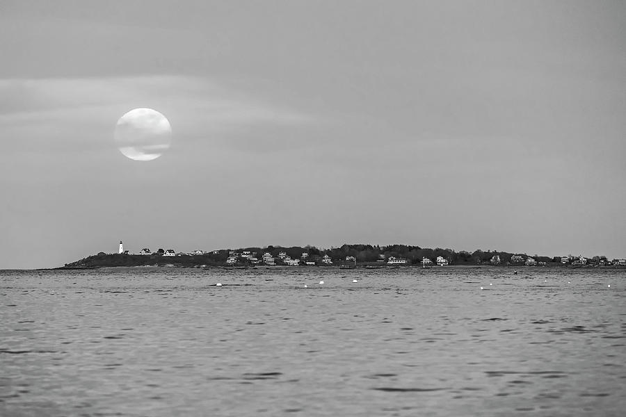 April 2020 Pink Supermoon Over Bakers Island in Salem MA Black and White Photograph by Toby McGuire