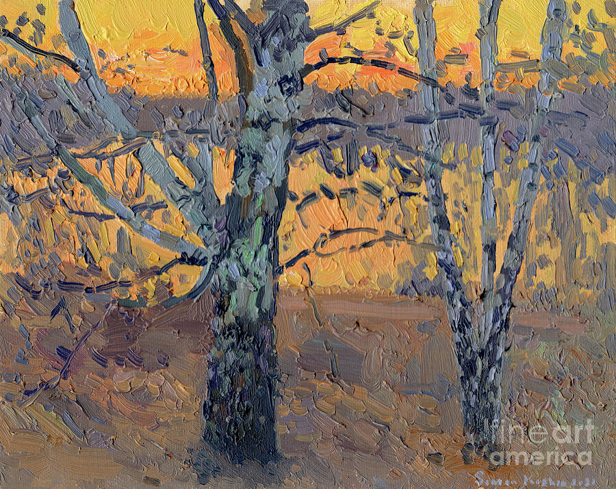 Sunset Painting - April. Birch sunset by Simon Kozhin