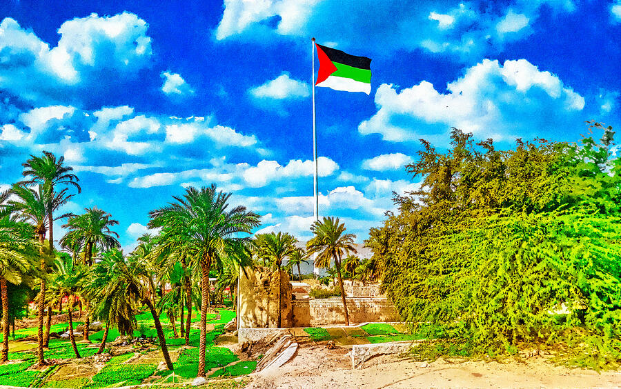 Flag Digital Art - Aqaba Flagpole, Jordan, seen from the Fort - watercolor effect by Nicko Prints