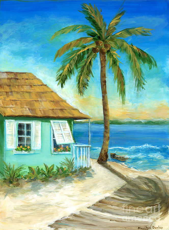 Sunset Painting - Aqua Beach Hut by Marilyn Dunlap