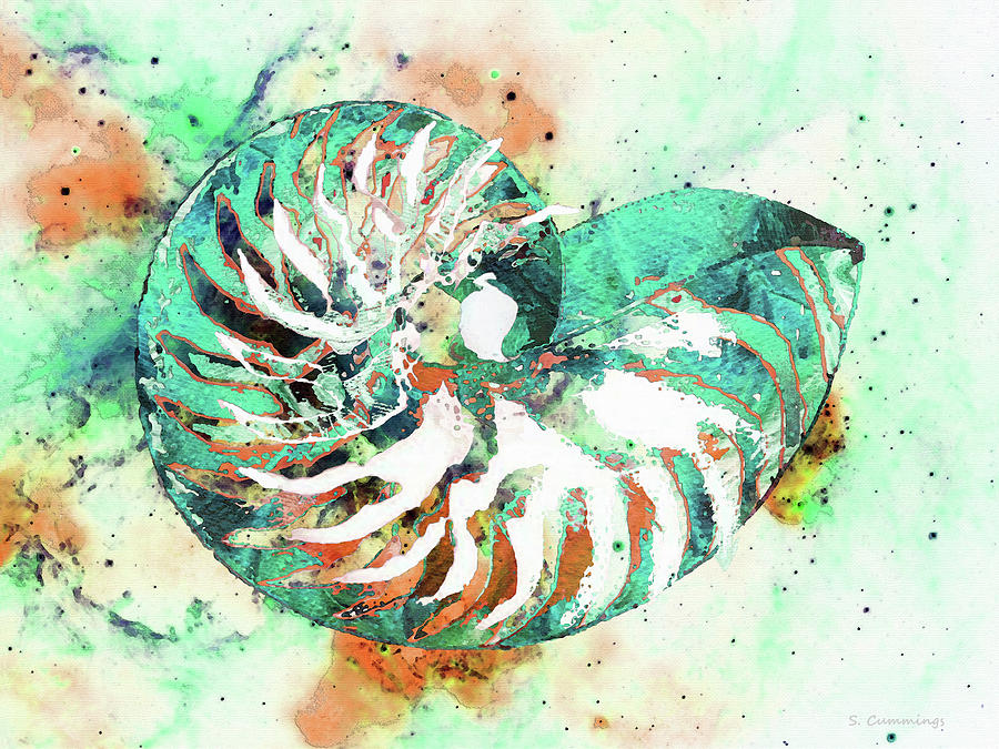 Aqua Coral Nautilus Shell Art Painting by Sharon Cummings