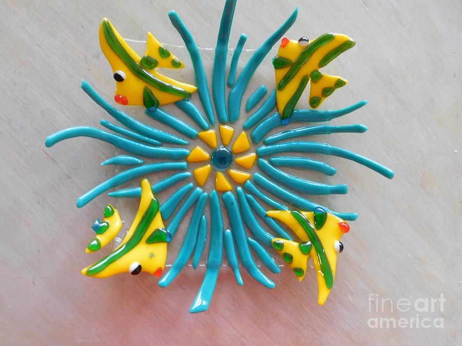 Aqua Coral with Yellow Angelfish Glass Art by Joan Clear
