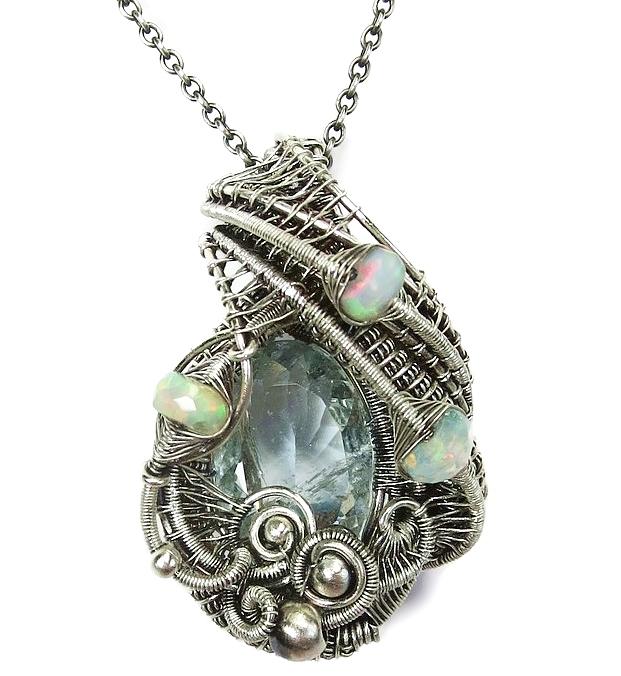 Aquamarine Wire-Wrapped Pendant with Ethiopian Opals in Sterling Silver ...