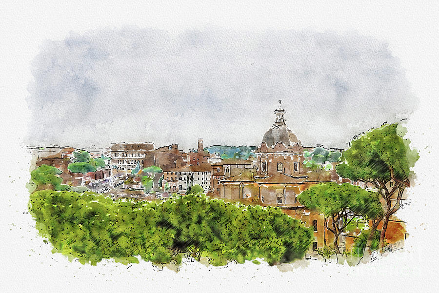 Architecture Mixed Media - Aquarelle sketch art. Aerial scenic view of Rome, Italy. Scenery of Roma city. by Beautiful Things