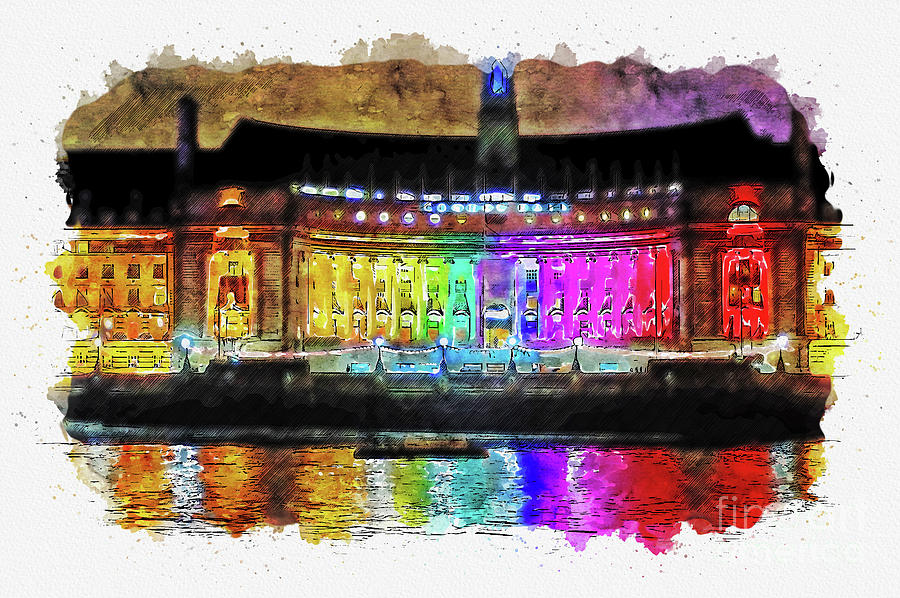 Aquarelle Sketch Art. Illuminated County Hall Building In London At Night Mixed Media