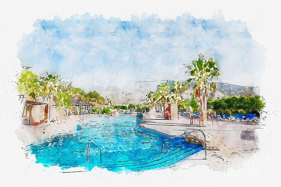 Aquarelle sketch art. Landscape with blue sky, swimming pool and palm