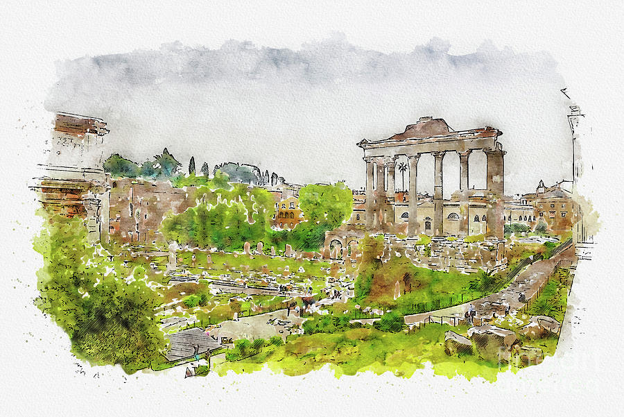 Architecture Mixed Media - Aquarelle sketch art. Roman ruins in Rome, Forum by Beautiful Things