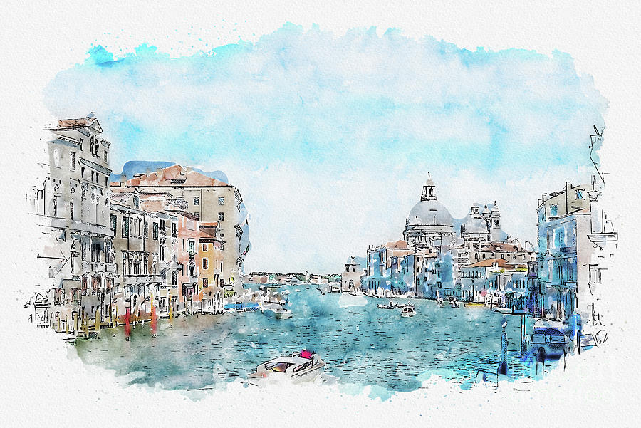 Aquarelle Sketch Art. View From The Bridge In Venice, Italy Mixed Media