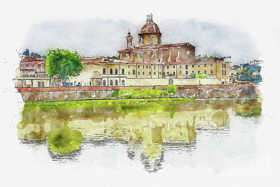 Architecture Mixed Media - Aquarelle sketch art. View of the historic buildings in Florence. Reflection in the river by Beautiful Things