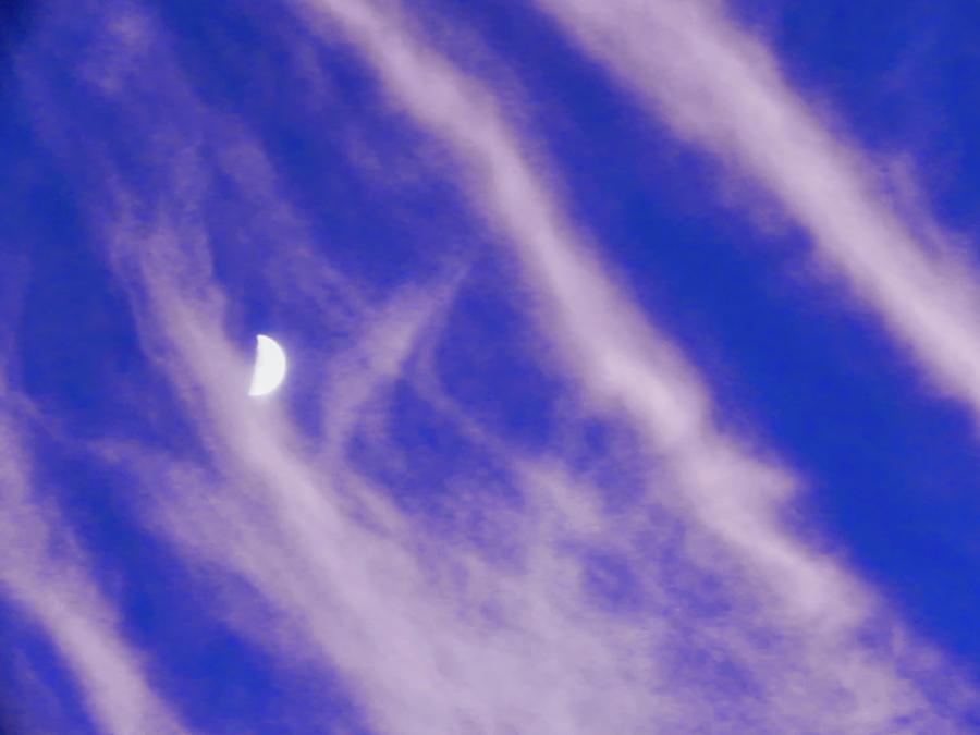Aquarian Half Moon with Contrail Clouds Photograph by Judy Kennedy