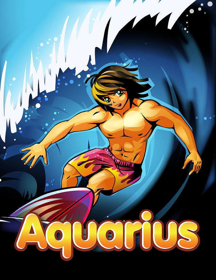 Aquarius beneath anime man surfing Drawing by New Vision Technologies Inc