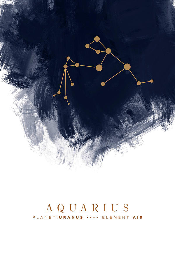 Aquarius Zodiac Sign - Minimal Print - Zodiac, Constellation, Astrology, Good Luck, Night Sky - Blue Mixed Media