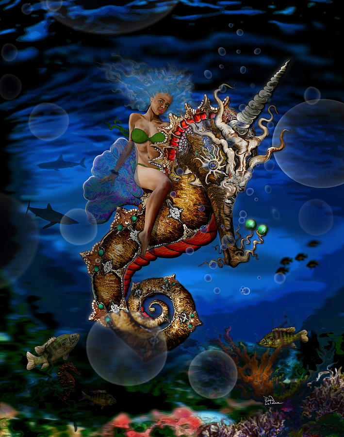 Aquatic Goddess On Unicorn Seahorse Digital Art