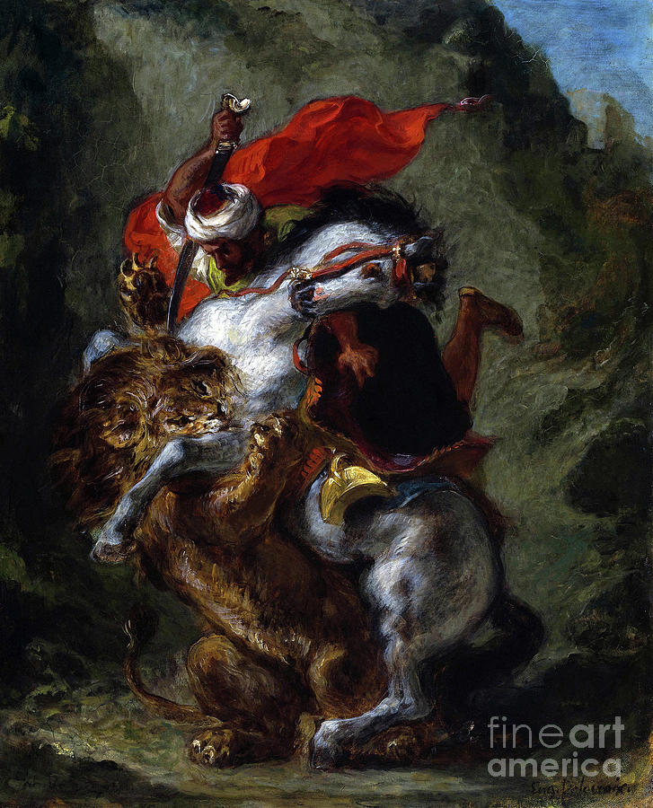 Arab Horseman Attacked by a Lion Painting by Sad Hill - Bizarre Los Angeles Archive