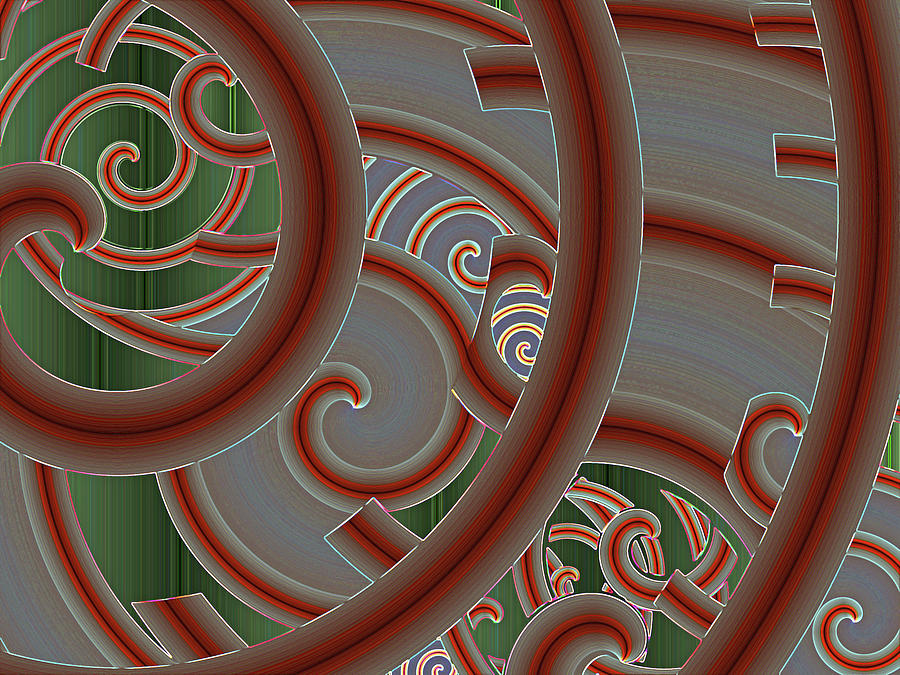 Arabesque Abstract With Tromp Loeil Spirals In Red Mixed Media
