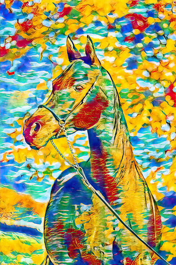 Arabian horse colorful portrait in blue, cyan, green, yellow and red Digital Art by Nicko Prints