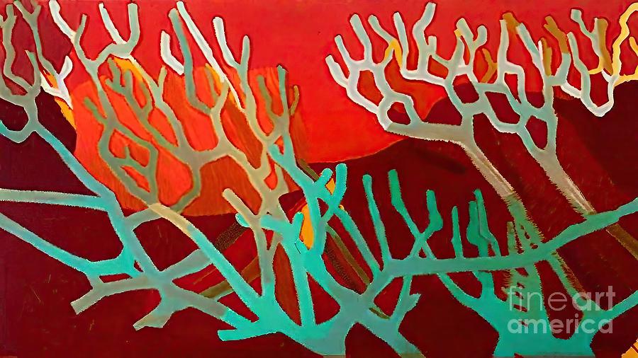 Abstract Painting - Arbre de Vie Painting arbre parasol branches arrondi rouge vert rouge bordeaux carton maroufler toile abstract abstraction acrylic art artistic artwork background beauty bird brush canvas colorful by N Akkash