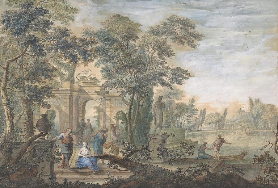 Arcadian Landscape with several Figures and a Statue of Diana th ...