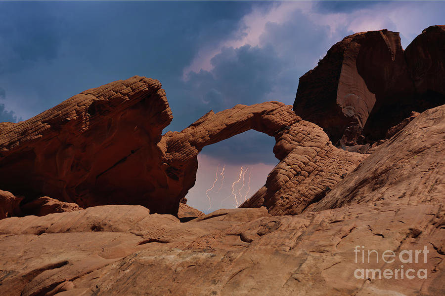 Mountain Photograph - Arch Valley of Fire Nevada Color Lightning  by Chuck Kuhn