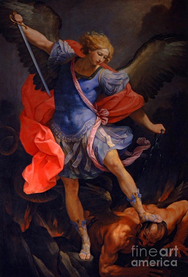 Archangel Michael Tramples Satan Painting by Peter Ogden
