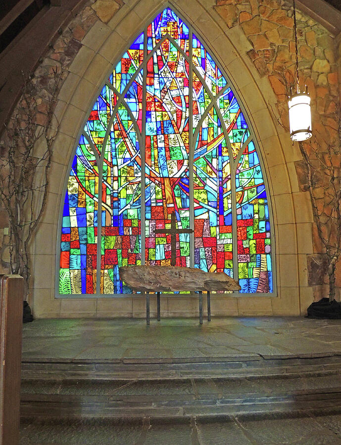 Arched Stained Glass Window and Stone Altar Photograph by Marian Bell