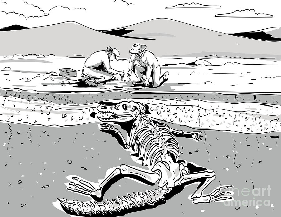 Prehistoric Digital Art - Archeologist Digging Up Fossil of Prehistoric Dinosaur Comics Style Drawing  by Aloysius Patrimonio