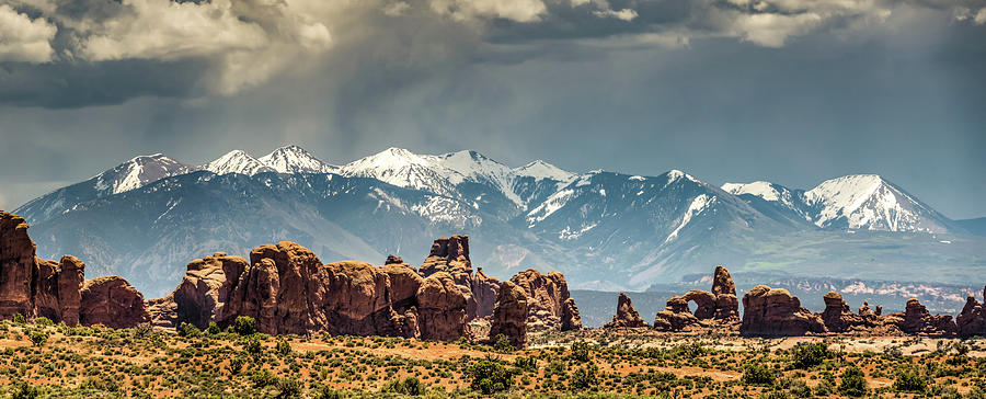 Arches National Park and La Sal Mountain Landscape Panorama Photograph by Gregory Ballos