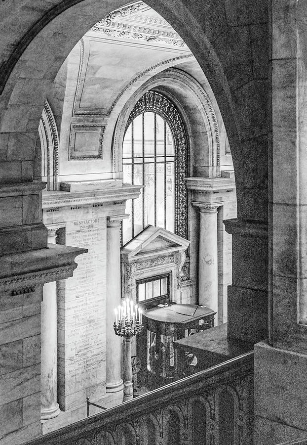 Architectural Beauty of New York Public Library, Black and White Photograph by Marcy Wielfaert