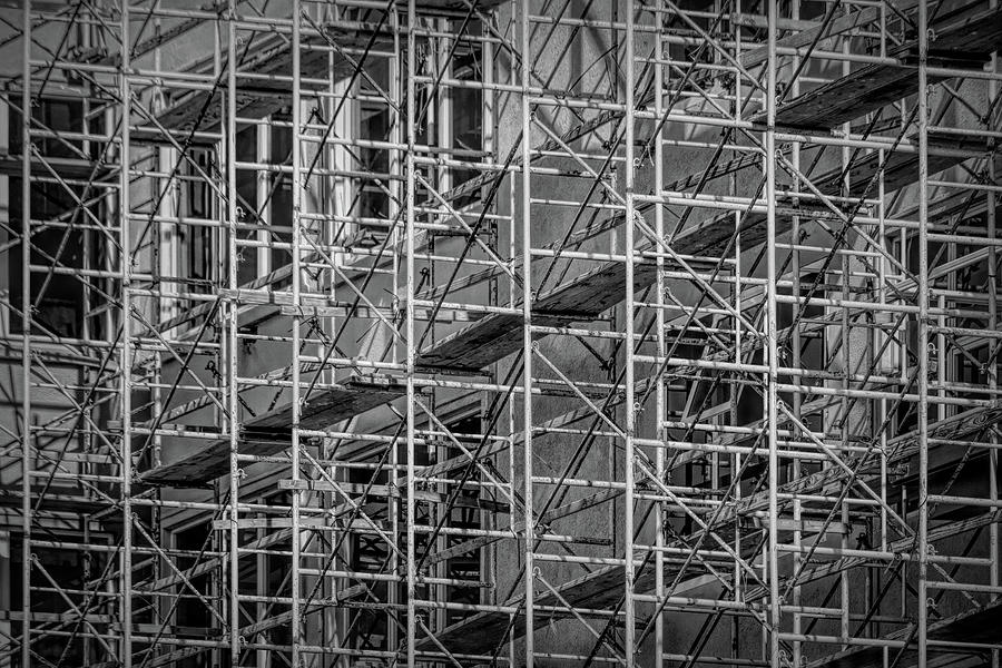Architecture Photograph - Architectural Construction Scaffolding in Black and White by Bill Swartwout