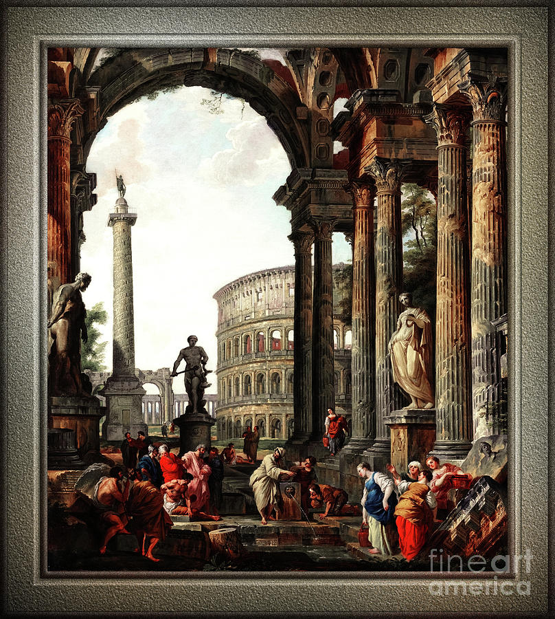 Architectural Roman Capriccio With Philosopher Diogenes by Giovanni Panini Xzendor7 Old Masters Repr Painting by Rolando Burbon