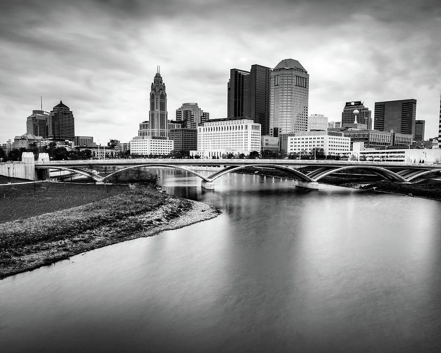 Architectural Skyline of Columbus Ohio and Scioto River - Black and White Edition Photograph by Gregory Ballos