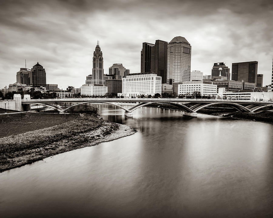 Architectural Skyline of Columbus Ohio and Scioto River - Sepia Edition Photograph by Gregory Ballos