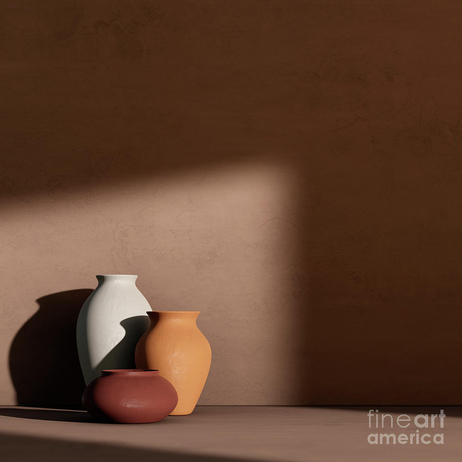 Architecture interior with clay pots on concrete wall  Photograph by Jelena Jovanovic
