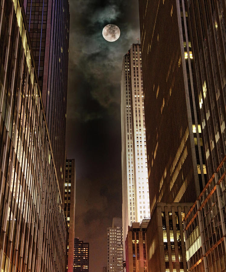 Architecture NYC Night Moon Glow Gold Tones  Photograph by Chuck Kuhn